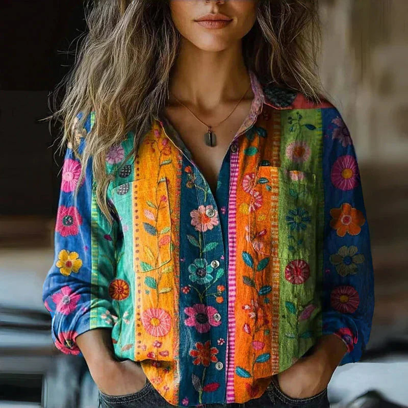 Women's Vintage Bohemian Blouse with Floral Print