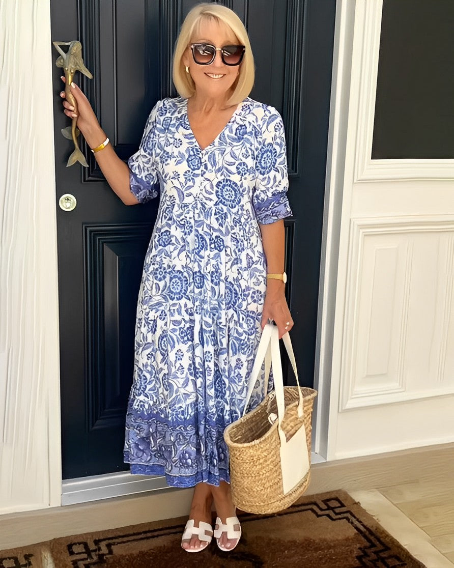Women's A-Line Floral Midi Dress with V-Neckline