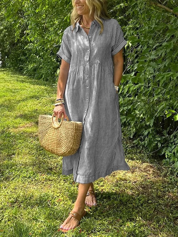 Button-Up Midi Shirt Dress Women Short Sleeve