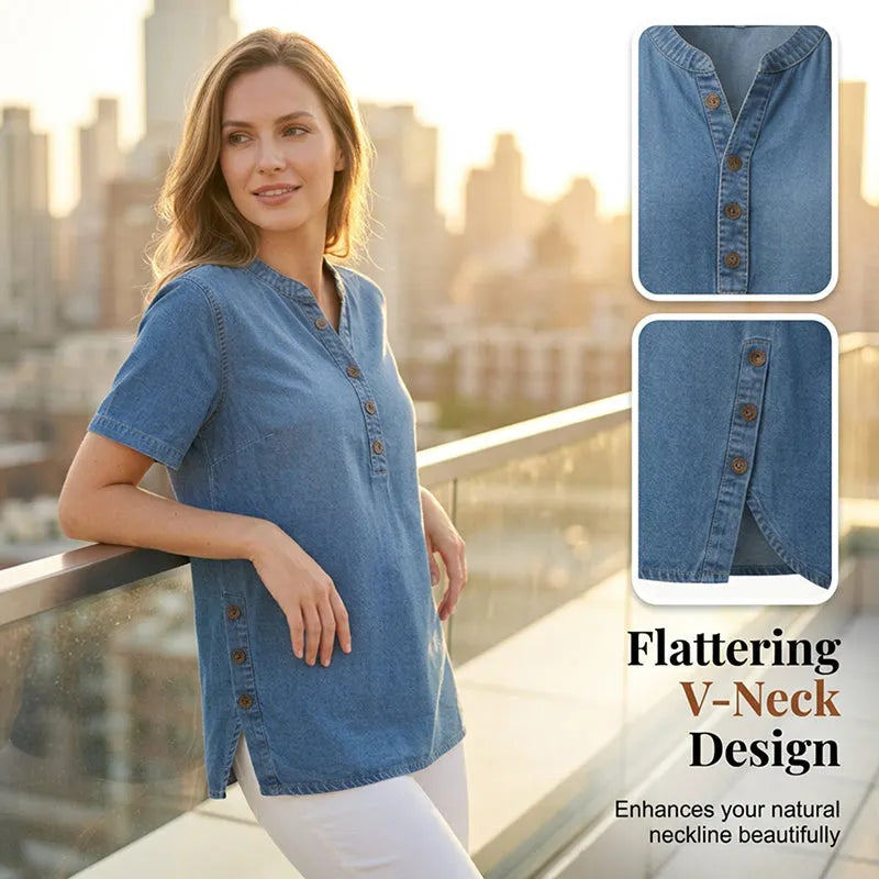 Women’s Short Sleeve Henley Tunic Top with Side Slits