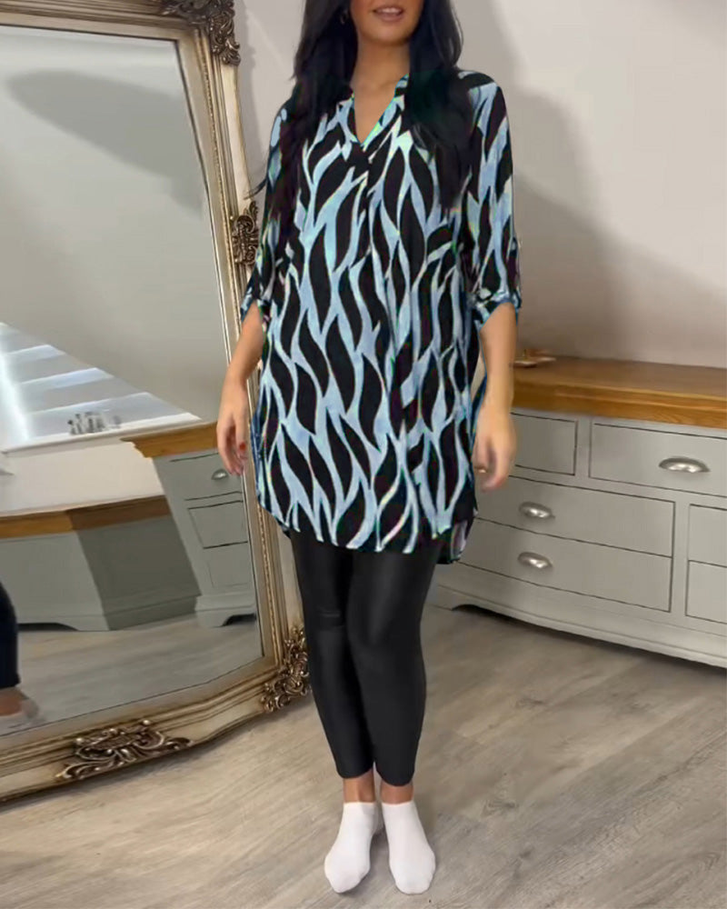 Blusa a tunica da donna con stampa astratta, vestibilità ampia e maniche a 3/4