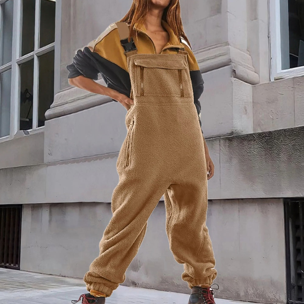 Women's Cozy Fleece Overall Jumpsuit with Adjustable Straps