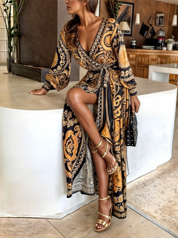 Elegant Bohemian Maxi Dress with Gold Accents and High Slit