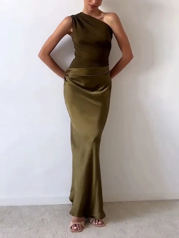One Shoulder Pleated Maxi Dress for Women Formal Party