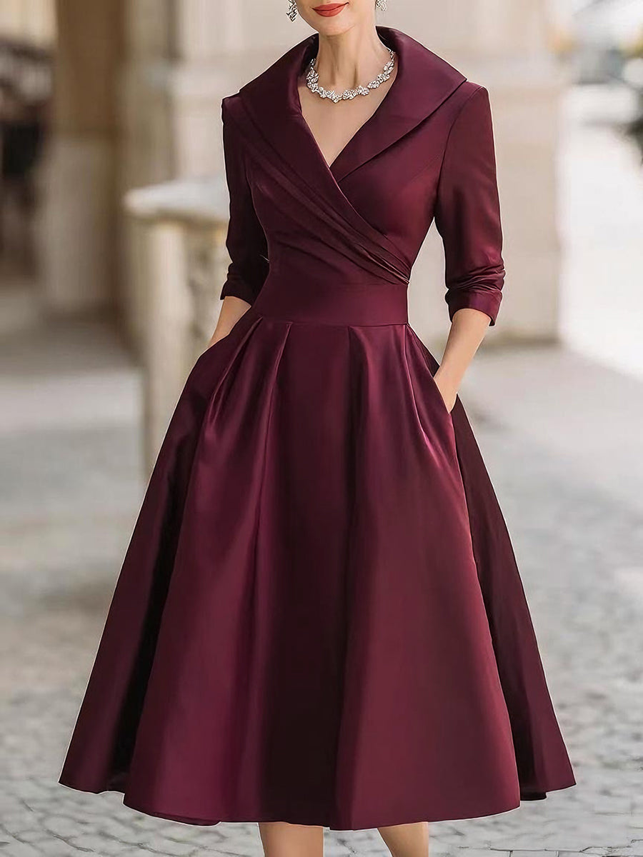 Robe midi élégante col à revers cintrée et évasée