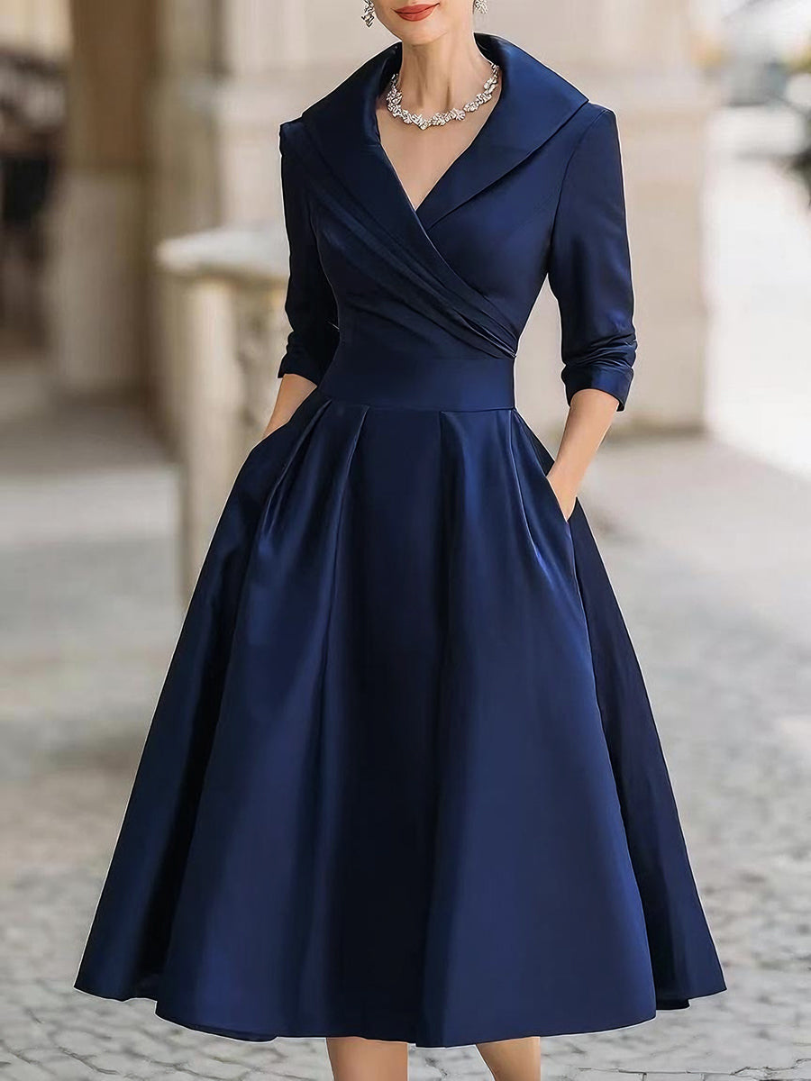 Robe midi élégante col à revers cintrée et évasée