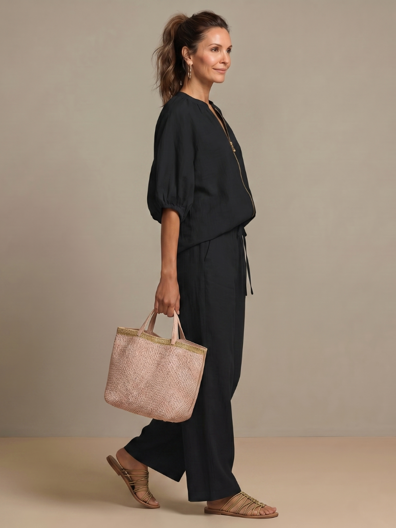 Women's Zip Front Blouson Top Wide Leg Set