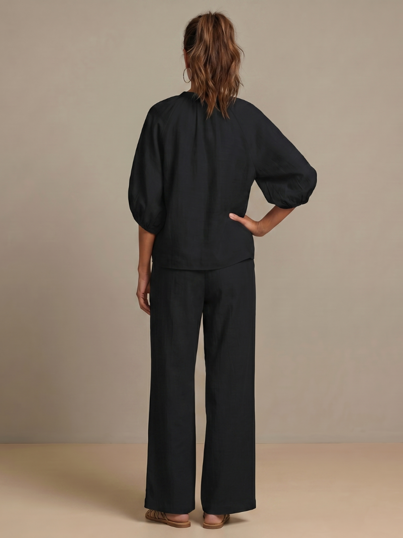 Women's Zip Front Blouson Top Wide Leg Set