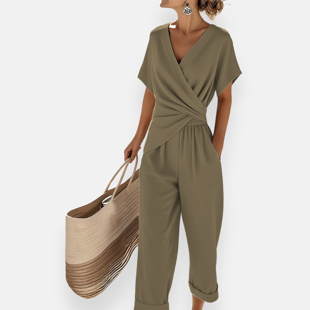 Women's Elegant V-Neck Short Sleeve Wrap Jumpsuit