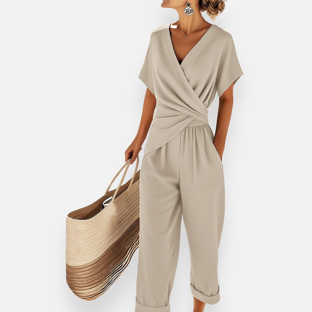 Women's Elegant V-Neck Short Sleeve Wrap Jumpsuit