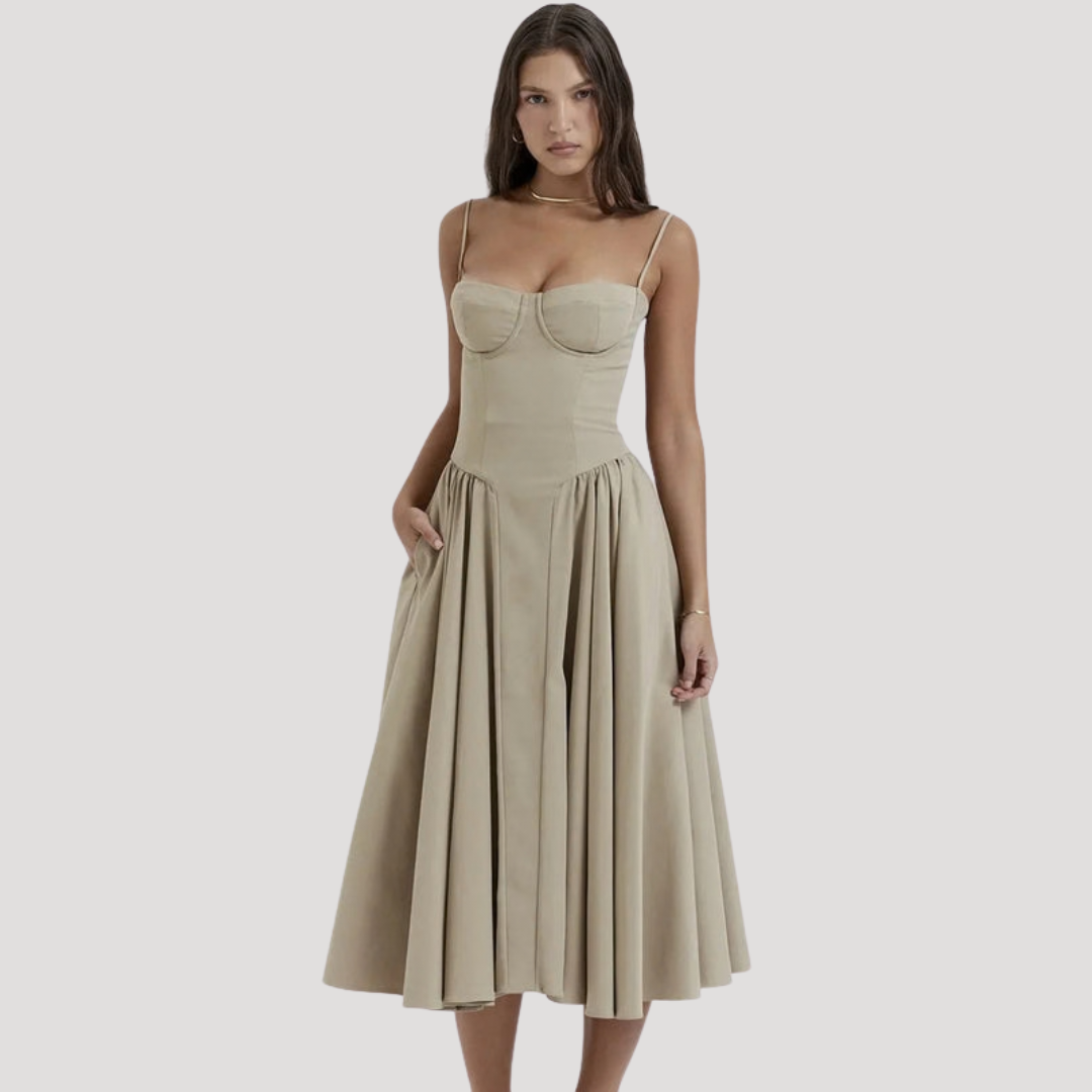 Women's Sweetheart Corset Bodice Midi Dress with Full A-Line Skirt