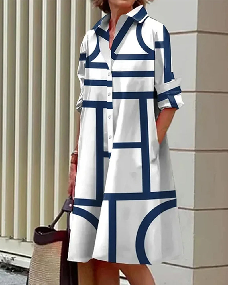Abito midi da donna con tasche e stampa geometrica
