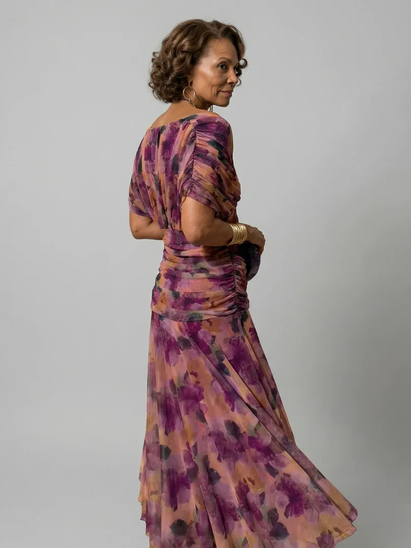 Robe maxi en mesh floral pour femme avec corsage froncé