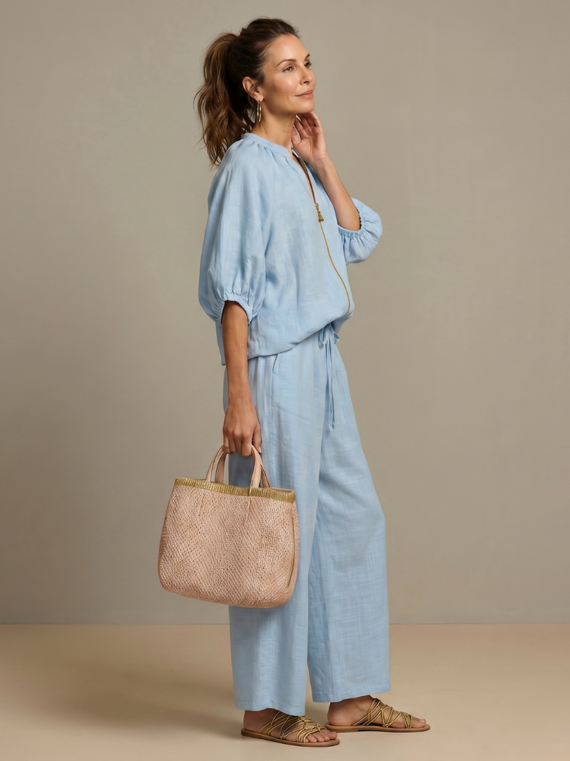 Women's Zip Front Blouson Top Wide Leg Set