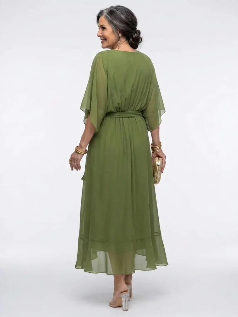 Women's V Neck Midi Dress with Waist Tie
