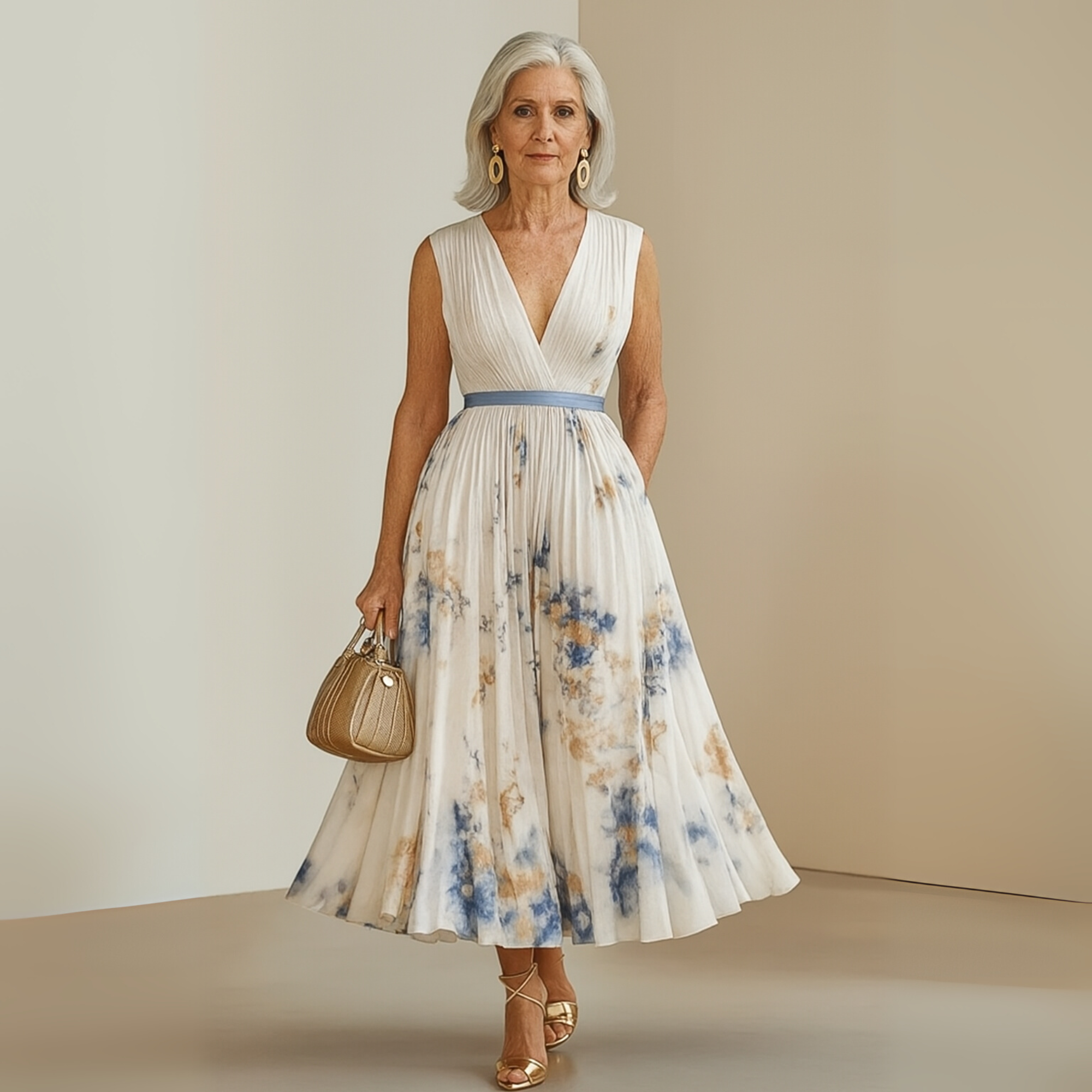 Women’s Elegant Floral Pleated Midi Dress