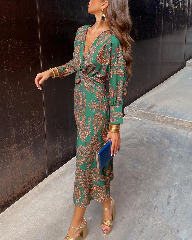 Elegant Midi Dress with V-Neck and Knot Detail