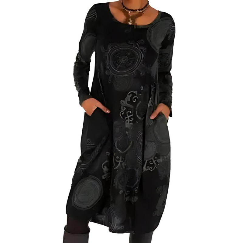 Women's Bohemian Printed Midi Dress with Pockets