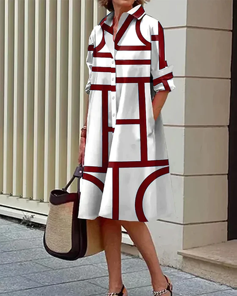 Abito midi da donna con tasche e stampa geometrica