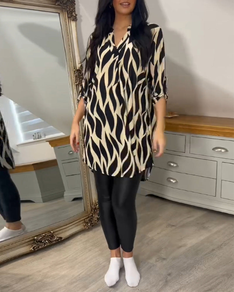 Blusa a tunica da donna con stampa astratta, vestibilità ampia e maniche a 3/4