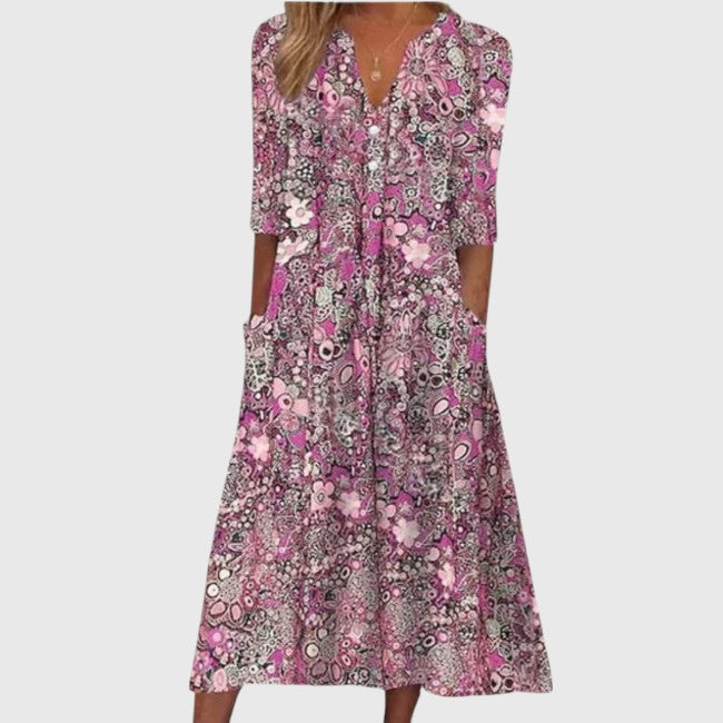 Robe midi élégante à fleurs pour femme avec col en V