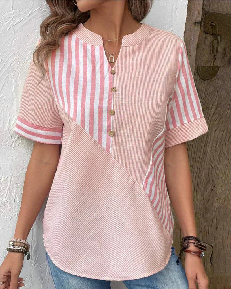 Blouse à rayures pour femmes avec boutons sur le devant et manches courtes