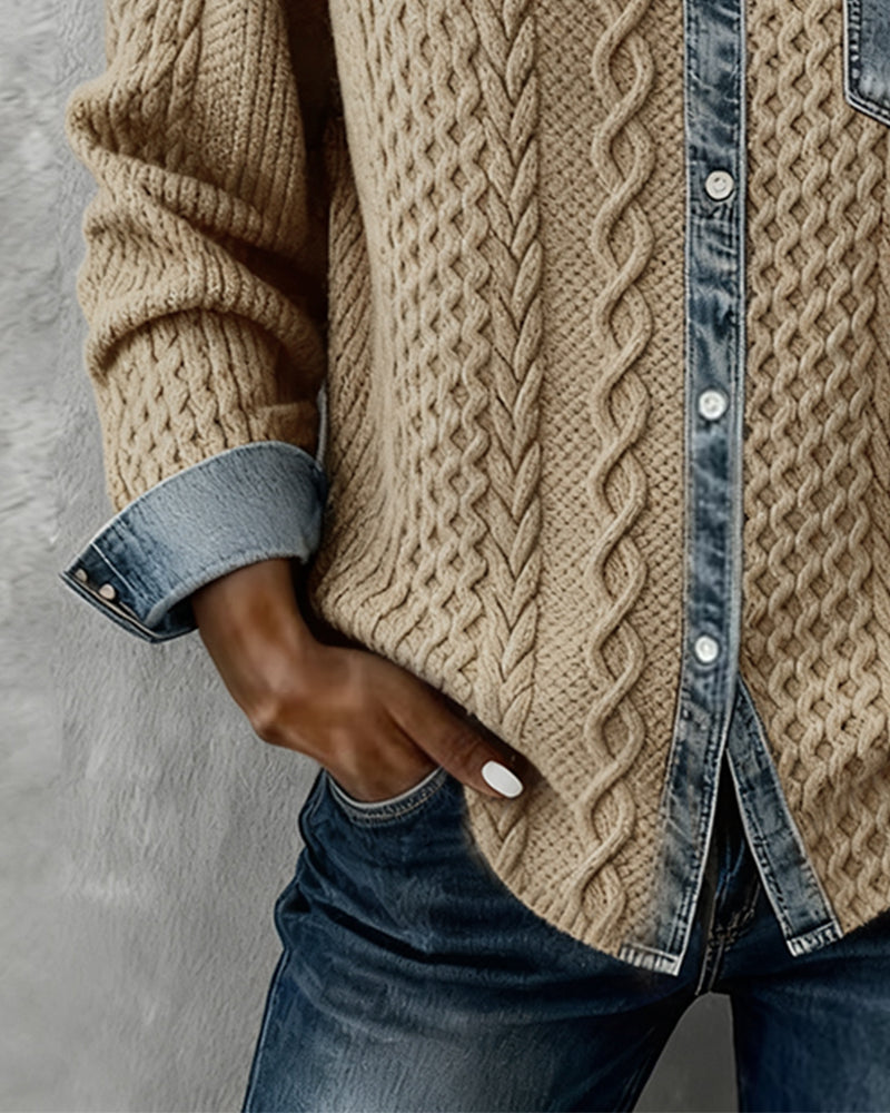 Women's Long Sleeve Shirt with Denim Details