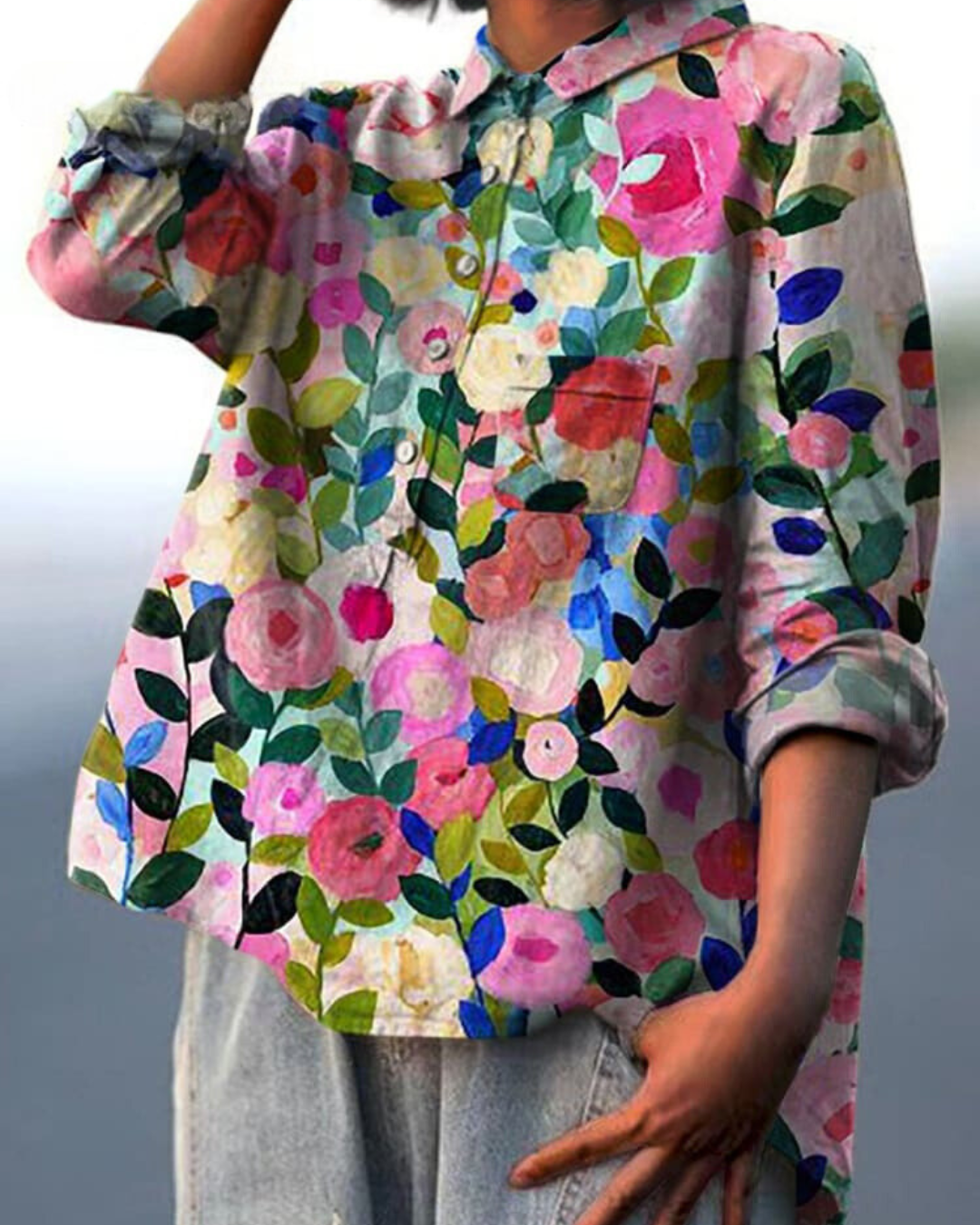 Chemise boutonnée imprimée pour femme, coupe ample, style floral