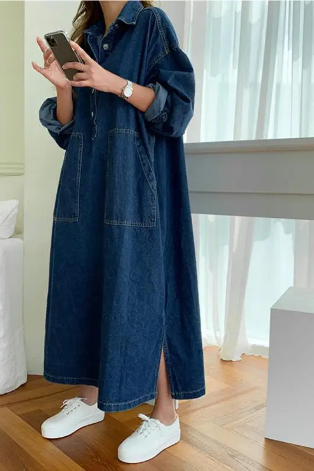 Women's Oversized Denim Shirt Maxi Dress with Front Pockets