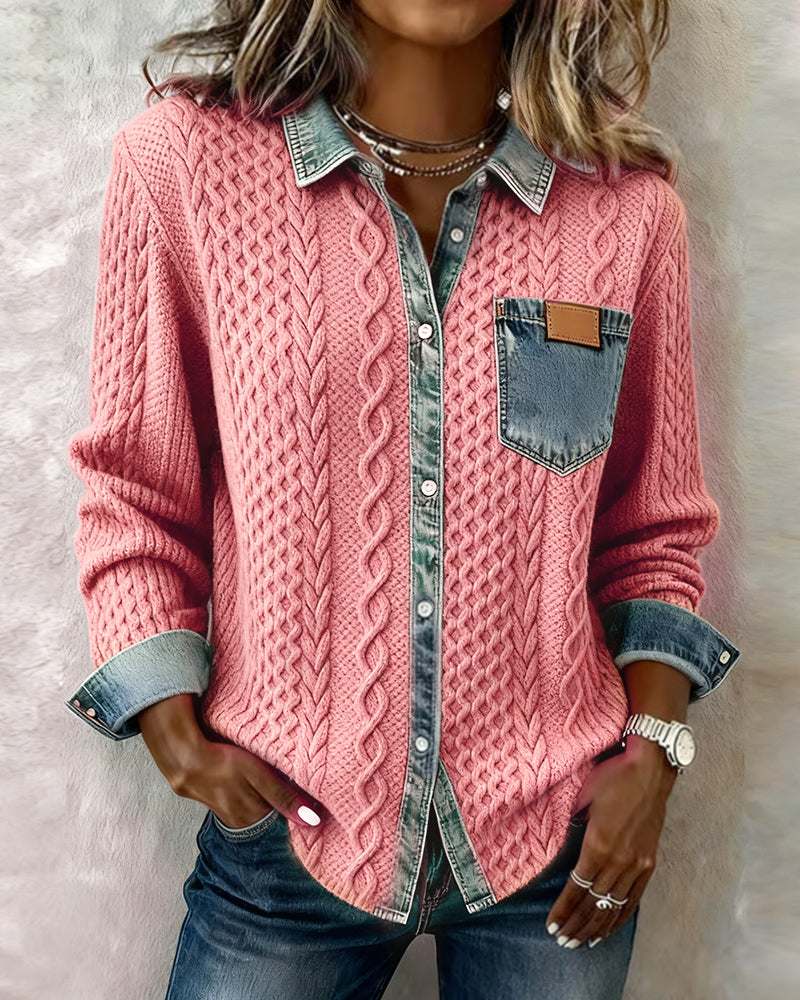 Women's Long Sleeve Shirt with Denim Details