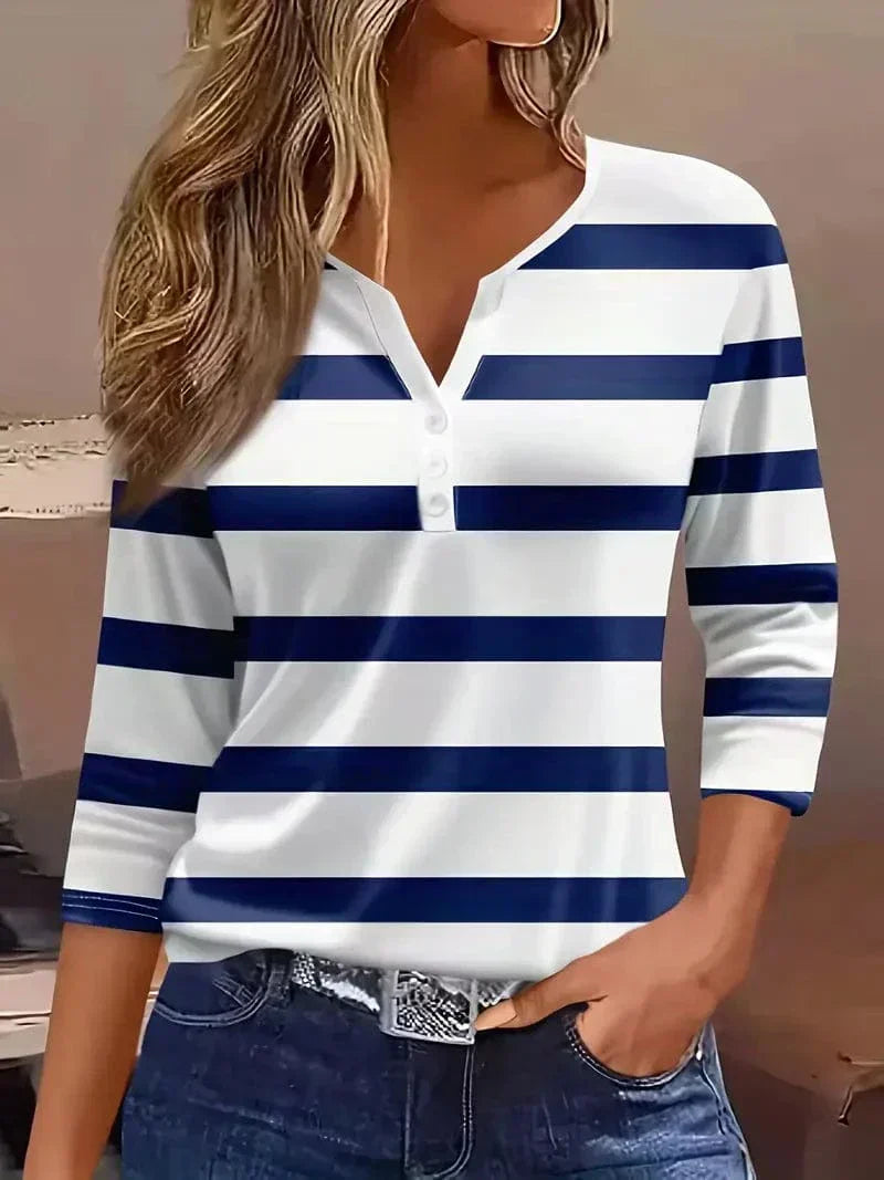 Women's Striped V-Neck Top with Three-Quarter Sleeves