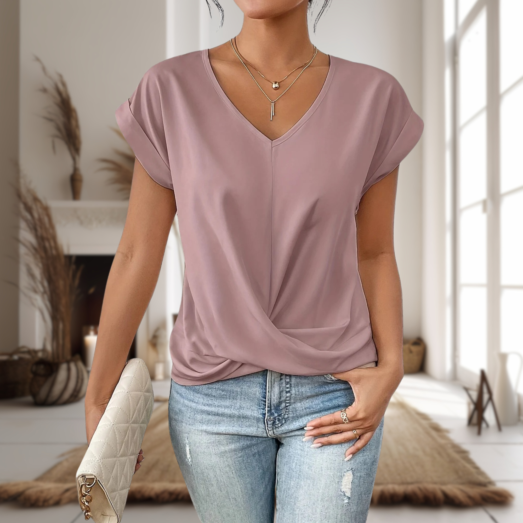 Haut décontracté à col en V pour femme, manches courtes, coupe ample
