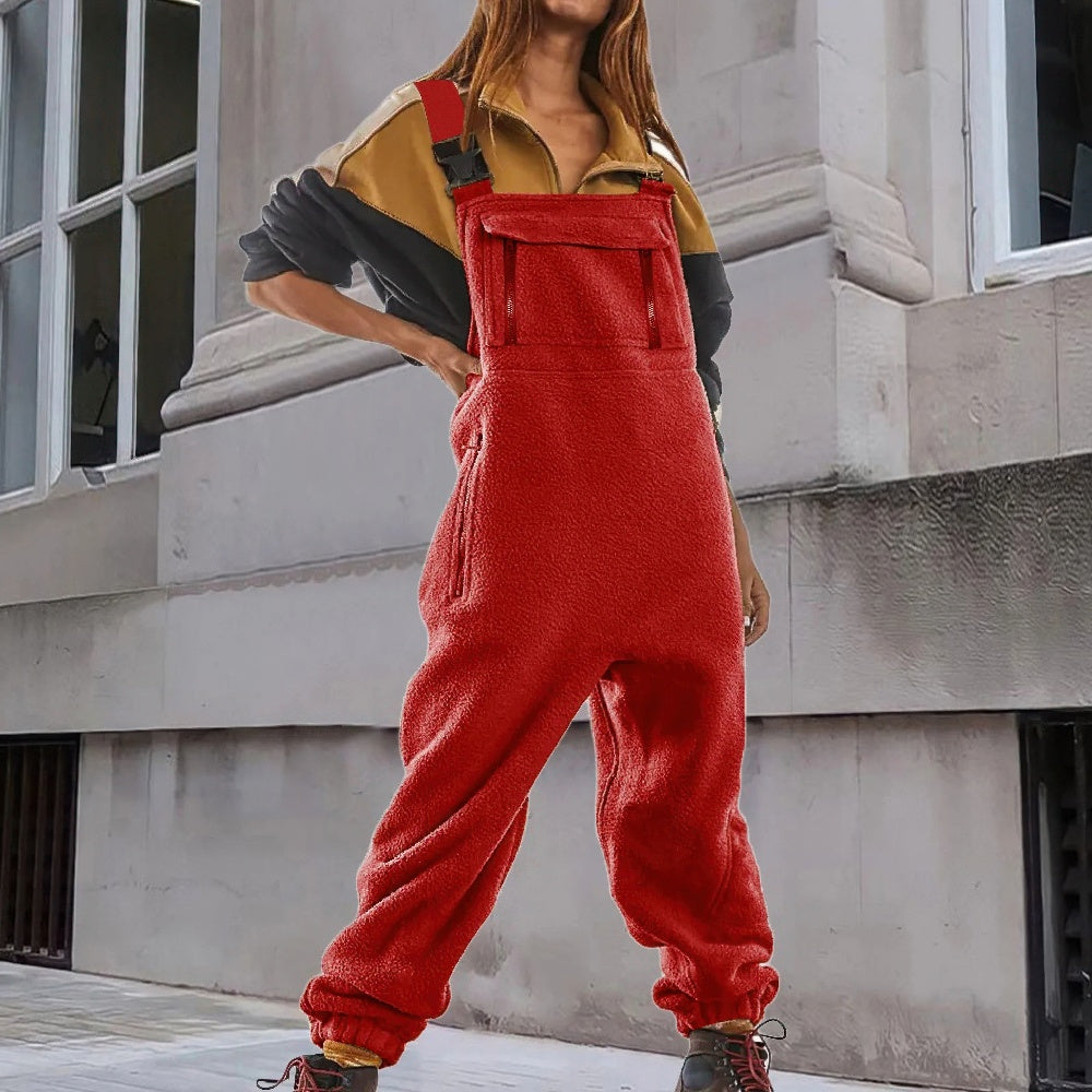 Women's Cozy Fleece Overall Jumpsuit with Adjustable Straps