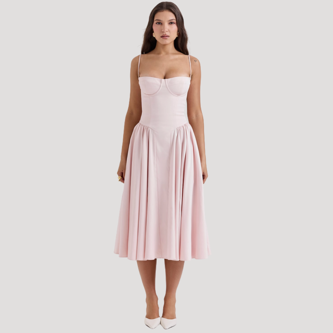 Women's Sweetheart Corset Bodice Midi Dress with Full A-Line Skirt