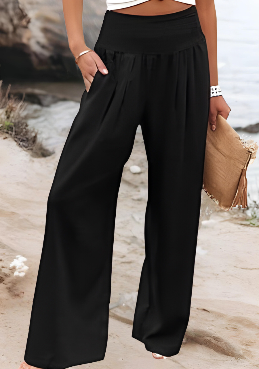 Pantalon large taille haute smocké pour femme