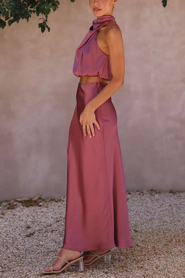 Ensemble deux pièces pour femme avec haut dos nu style satin et jupe longue