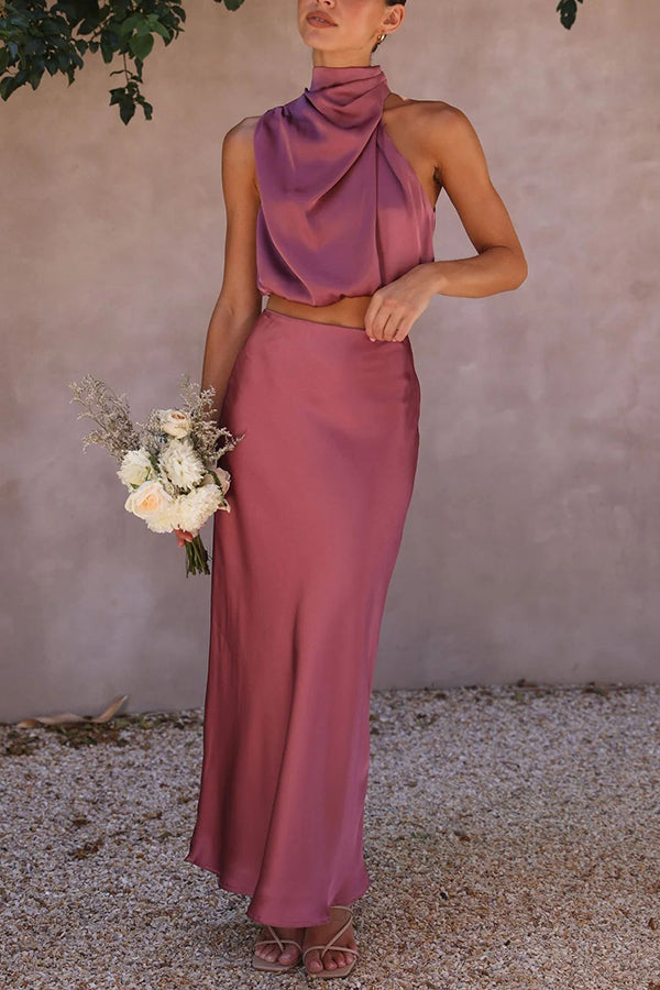 Ensemble deux pièces pour femme avec haut dos nu style satin et jupe longue