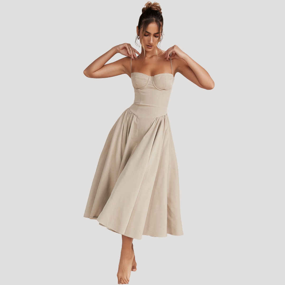 Women's Sweetheart Corset Bodice Midi Dress with Full A-Line Skirt