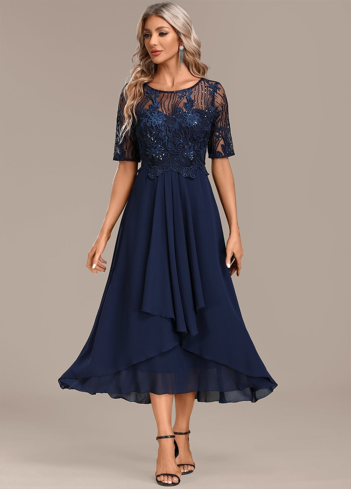 Women's Elegant Lace Chiffon Midi Dress