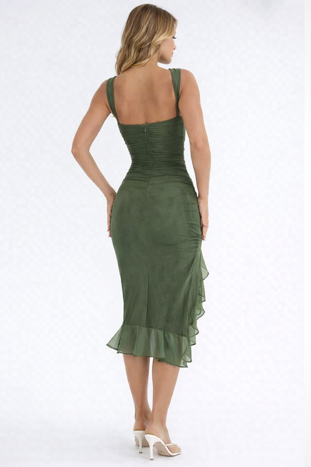 Robe midi sans manches froncée pour femme avec ourlet asymétrique