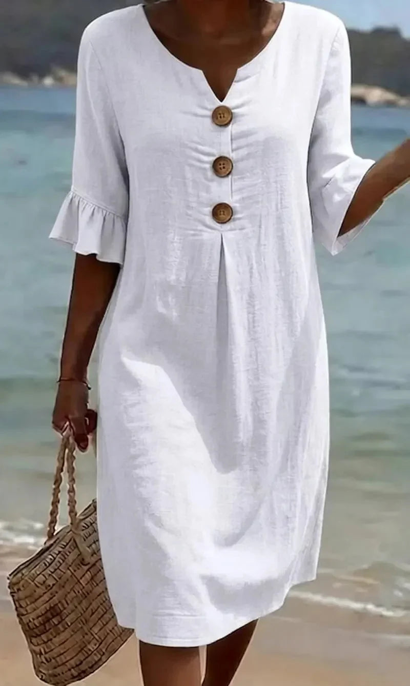 Women’s Button-Front Casual Midi Dress with Ruffle Sleeves