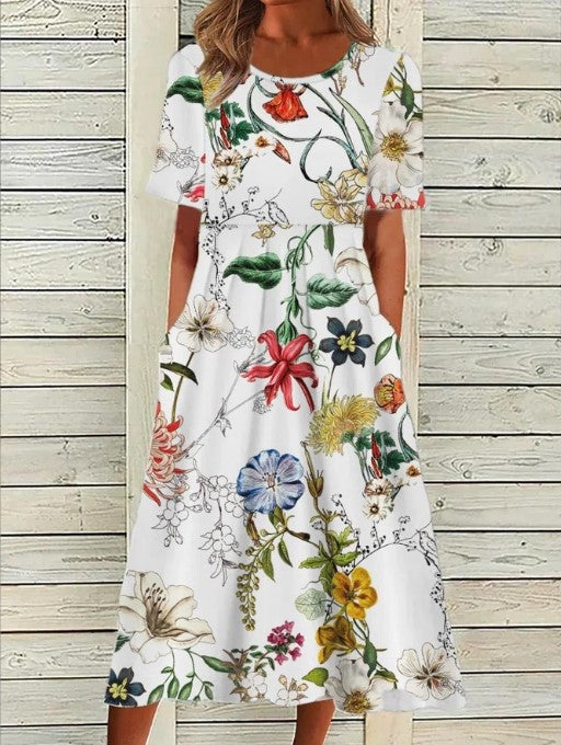 Floral Short Sleeve Midi Dress For Women