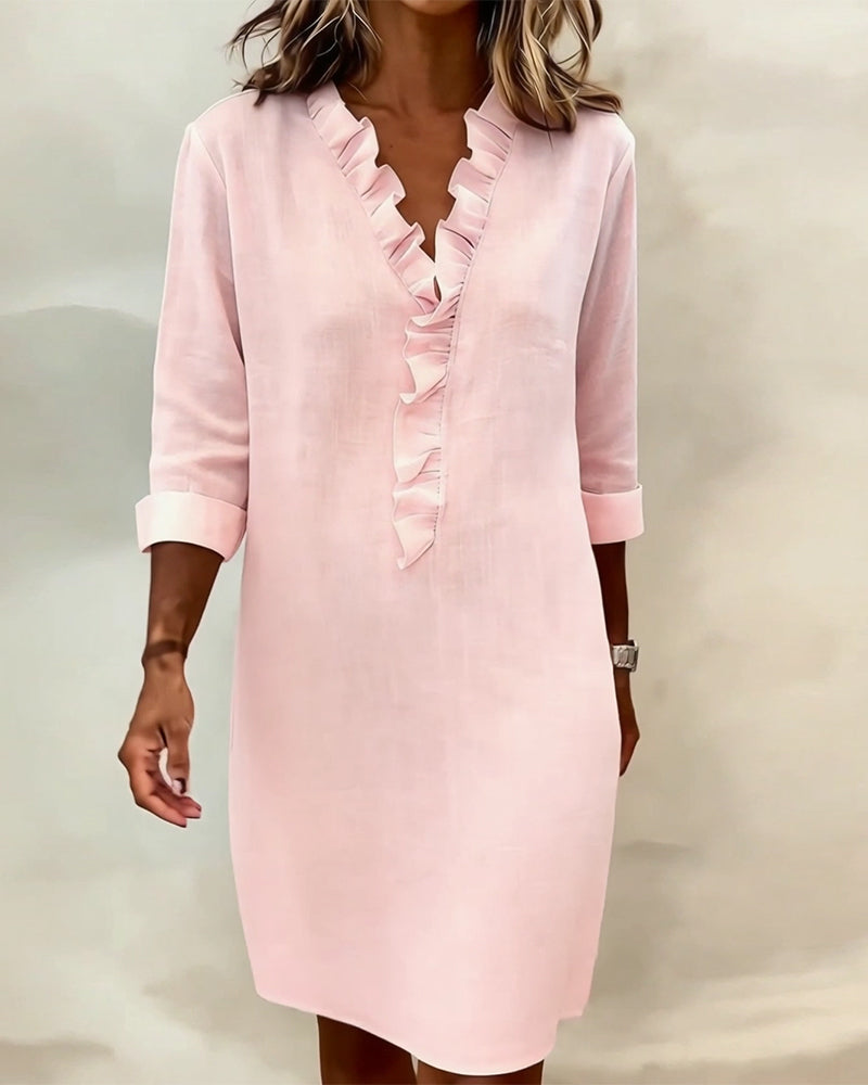 Women's Elegant Knee-Length Dress with Ruffled V-Neck