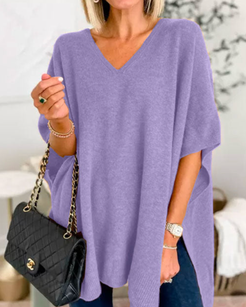 Women's V-Neck Knit Tunic Short-Sleeve Sweater