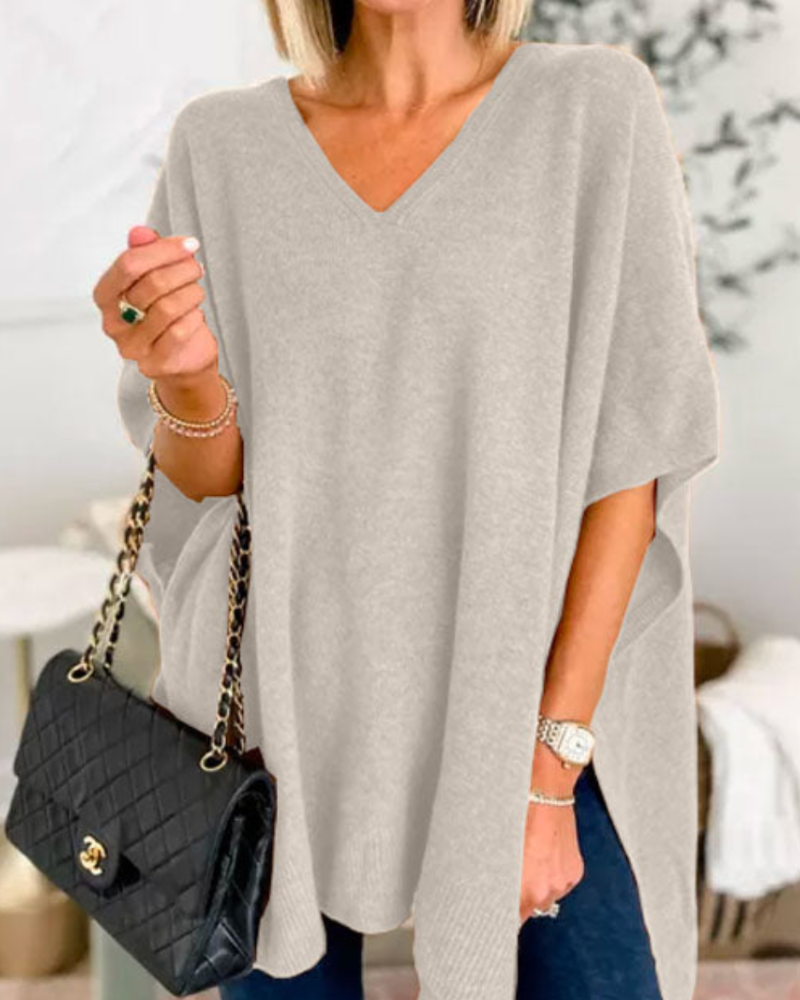 Women's V-Neck Knit Tunic Short-Sleeve Sweater