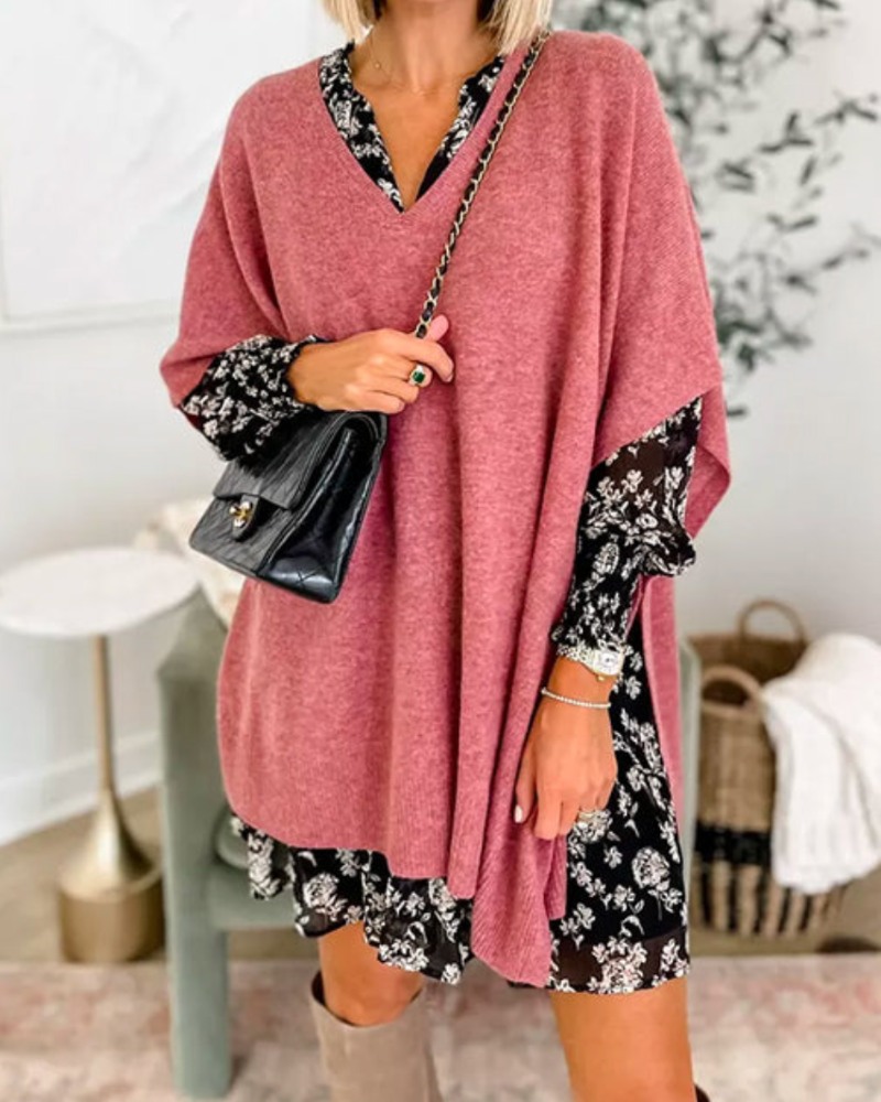 Women's V-Neck Knit Tunic Short-Sleeve Sweater