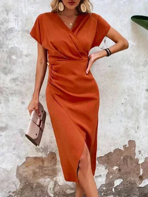 Robe midi orange élégante drapée Adeline pour femme