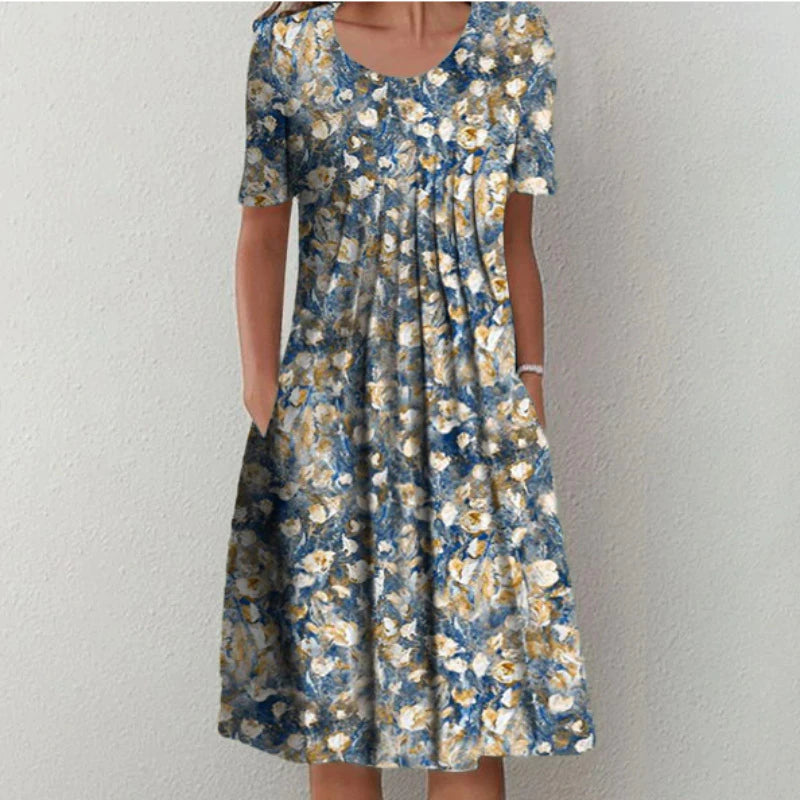 Abito estivo casual da donna con fiori, linea ad A e lunghezza midi
