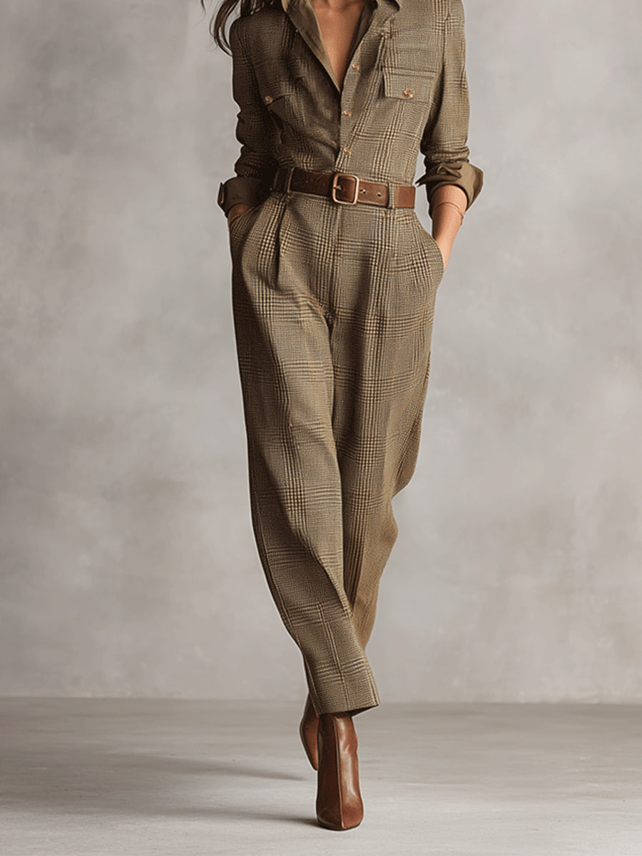 Women's Long Sleeve Button Front Belted Jumpsuit