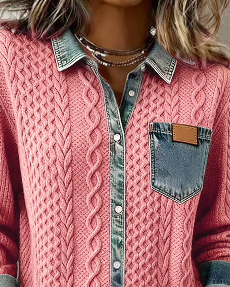 Women's Long Sleeve Shirt with Denim Details